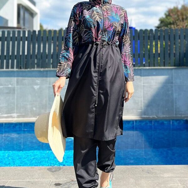 Burkini femme maroc noir fleuri chic anti UV premium